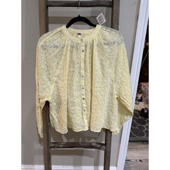 Free People Down From The Clouds Embroidered Eyelet Yellow Oversized Top Size XS - Picture 2 of 9